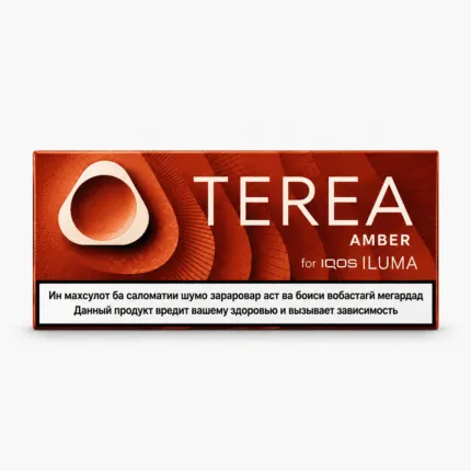 IQOS TEREA Amber Tajikistan amber-brown product pack on white background